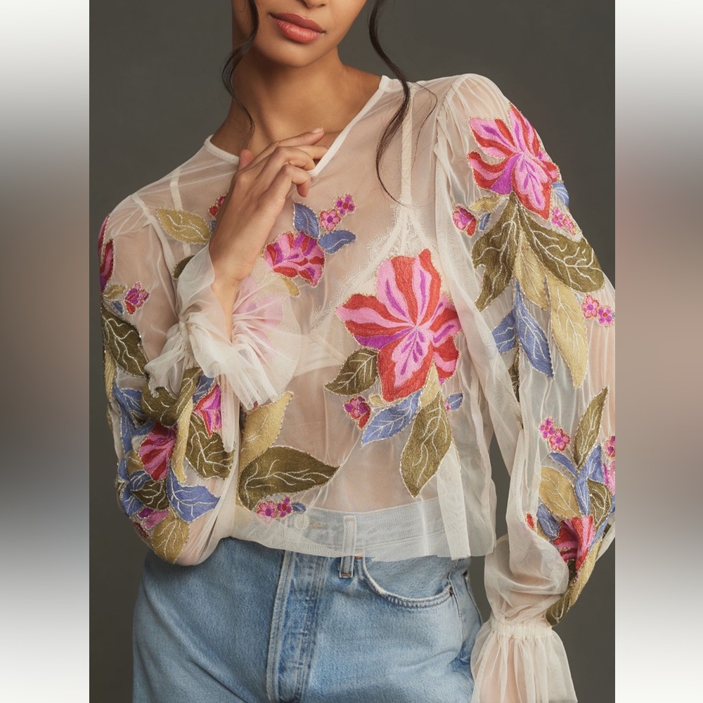 Anthropologie The Layla Long-Sleeve Appliqué Mesh Blouse Size Medium - Picture 4 of 12